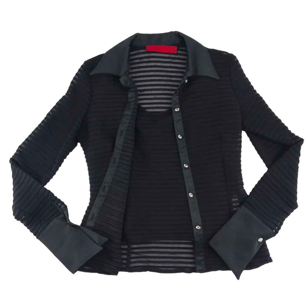 JS Collection Black Mesh Striped Shirt & Tank Top Set Ringstones Button Size 6
